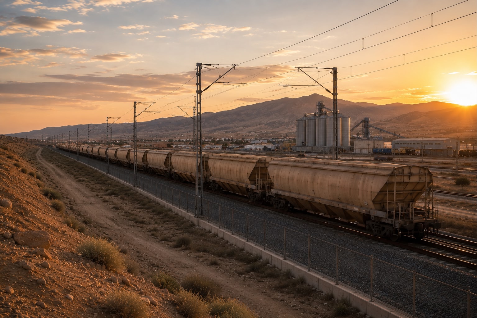 Train de fret ferroviaire au coucher du soleil